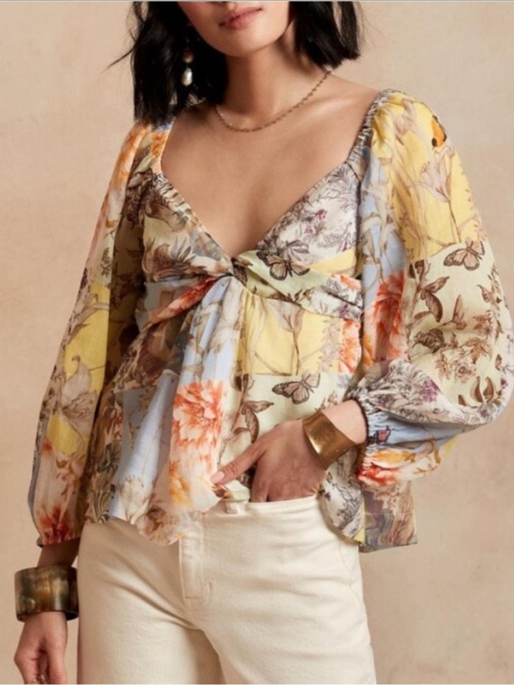 Banana Republic Patchwork Floral Twist-Front Blouse Whimsy Fairy Botanical Sz S